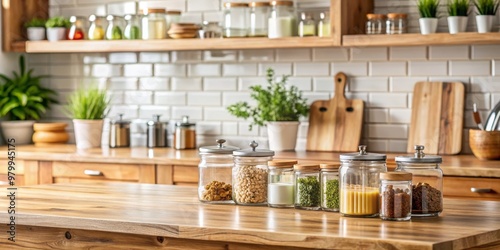 Kitchen Countertop with Jars of Spices, Wood, and Herbs, kitchen countertop, kitchen design, interior design