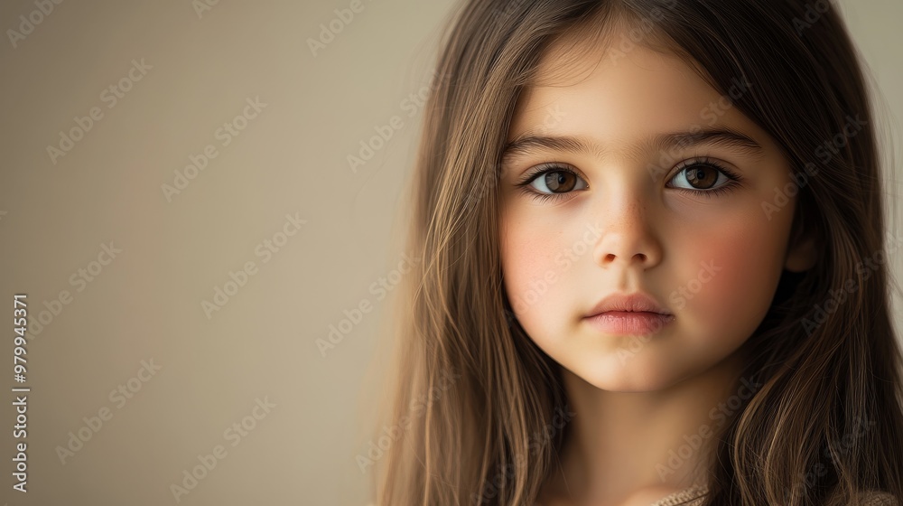 A young girl stands still, her long brown hair flowing down. She gazes directly at the viewer, her expression calm and neutral as soft light illuminates her features A young girl stands still, her long brown hair flowing down. She gazes directly at the viewer, her expression calm and neutral as soft light illuminates her features