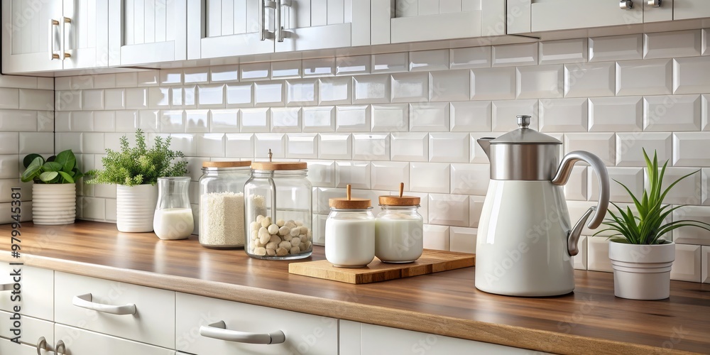 Minimalist Kitchen Countertop with White Kettle, Jars, and Plants, Kitchen Decor, Kitchen Design, Home Decor