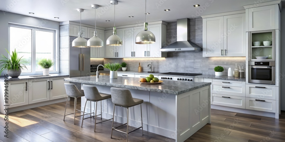 Fototapeta premium Modern Kitchen Island with Granite Countertops and Pendant Lighting, Kitchen Design, Interior Design , Home Decor