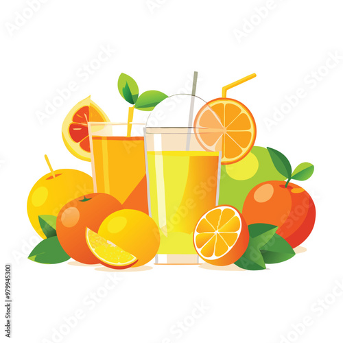 citrus fruits and glasses of cold fresh juice, vector art illustration, isolated white background, 