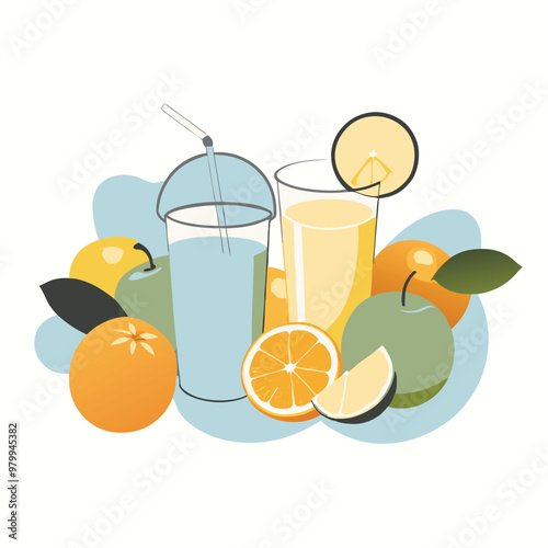 citrus fruits and glasses of cold fresh juice, vector art illustration, isolated white background, 