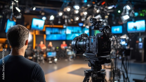 A guest speaker addresses the audience while being filmed by professional cameras in a busy television studio, highlighting the live broadcasting process and equipment photo