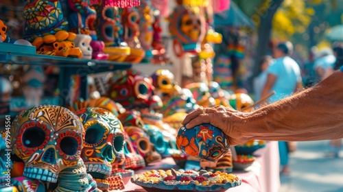 Colorful mexican market stall displaying vibrant handcrafted skulls and traditional art photo