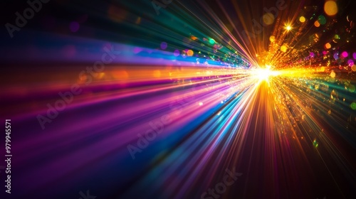 Vibrant beams of light emerge from a central point, casting a mesmerizing spectrum of colors against a stark black backdrop, creating an ethereal atmosphere