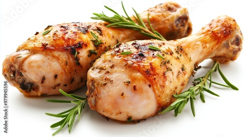 Grilled chicken drumstick on fresh herb bed.