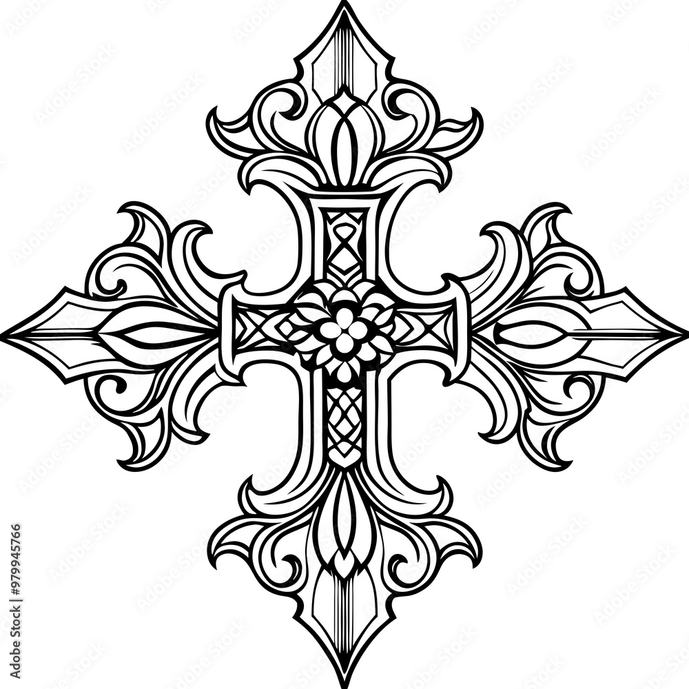 Fototapeta premium Ornate Gothic Cross Outline Vector