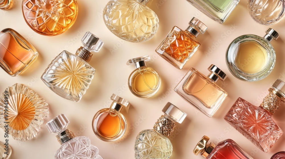 A variety of luxury perfume bottles in unique shapes and sizes are artfully arranged in a topdown view, showcasing their elegant designs and colors A variety of luxury perfume bottles in unique shapes and sizes are artfully arranged in a topdown view, showcasing their elegant designs and colors