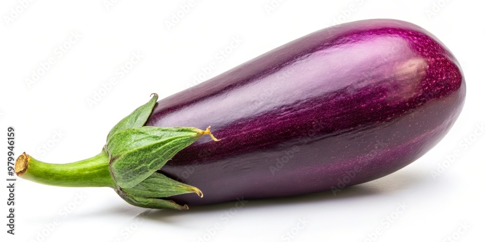 Single Fresh Eggplant with Green Stem on White Background, eggplant, vegetable, fruit Single Fresh Eggplant with Green Stem on White Background, eggplant, vegetable, fruit