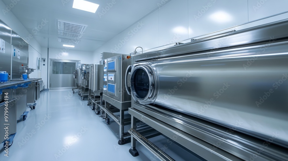 A sleek stainless steel autoclave and other advanced dairy production equipment are arranged meticulously in a state-of-the-art processing facility A sleek stainless steel autoclave and other advanced dairy production equipment are arranged meticulously in a state-of-the-art processing facility