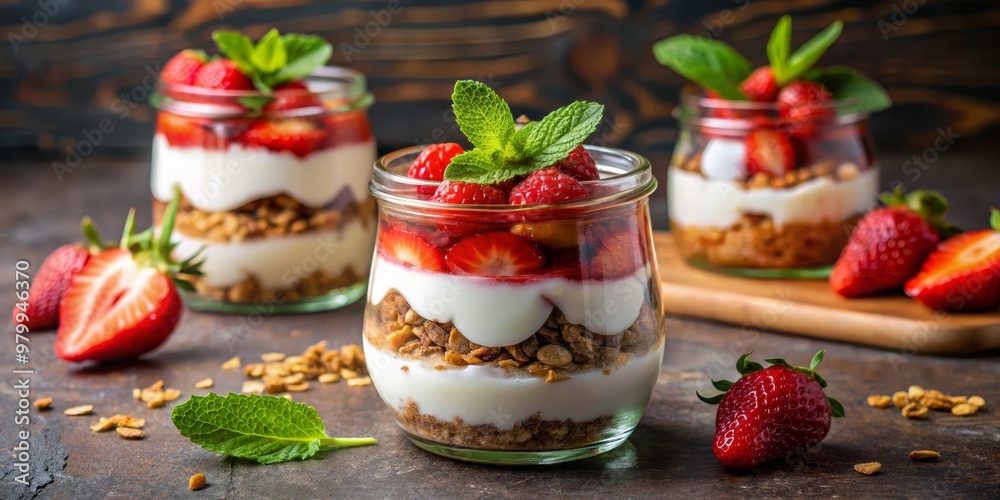 Strawberry, Yogurt, and Granola Parfait in Glass Jar, Food Photography, Healthy Dessert, Strawberry, Granola Strawberry, Yogurt, and Granola Parfait in Glass Jar, Food Photography, Healthy Dessert, Strawberry, Granola