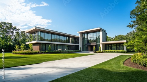 This contemporary residence features minimalist design elements with extensive glass walls and a beautifully maintained lawn, offering a tranquil setting