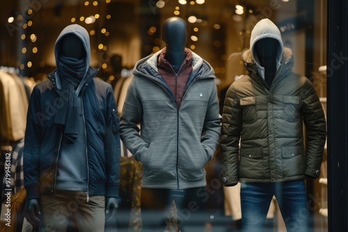 Three male mannequins showcase casual winter and autumn clothing in a men s store