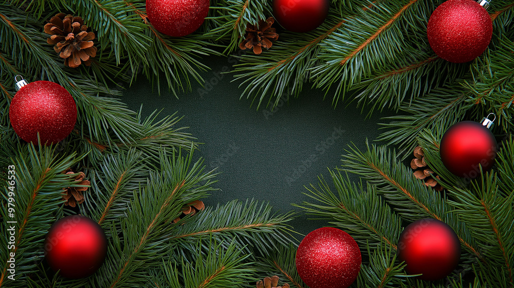 Fir tree branches with red christmas balls frame Fir tree branches with red christmas balls frame