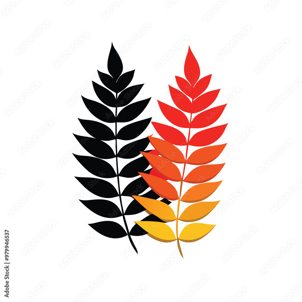 Three overlapping fern-like leaves in a vector style, arranged on a white background Three overlapping fern-like leaves in a vector style, arranged on a white background