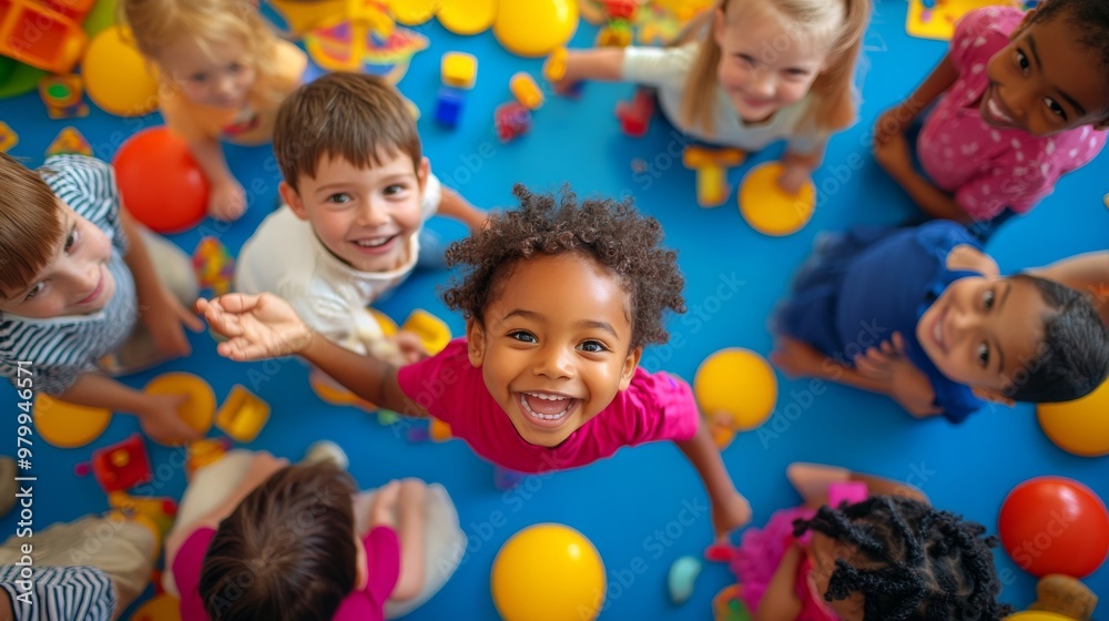 © Elmira - Young children of various backgrounds happily interact while playing with toys on a bright, colorful playmat in an inviting indoor environment filled with joy © Elmira - Young children of various backgrounds happily interact while playing with toys on a bright, colorful playmat in an inviting indoor environment filled with joy