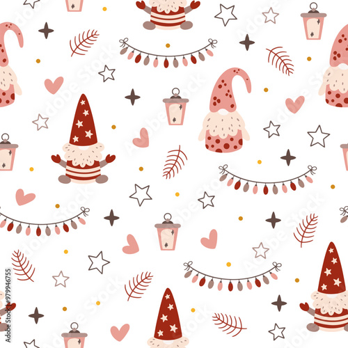 Vector illustration pattern of funny Christmas gnomes, trees, gifts, candles, garlands. Set, set of Christmas elements