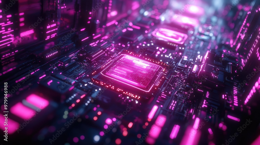 Fototapeta premium Futuristic Computer Circuit Board with Glowing Pink Lights in a High-Tech Environment