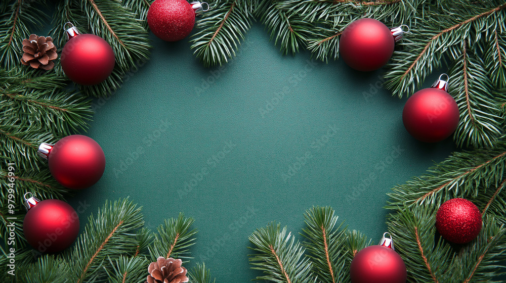 Fir tree branches with red christmas balls frame Fir tree branches with red christmas balls frame