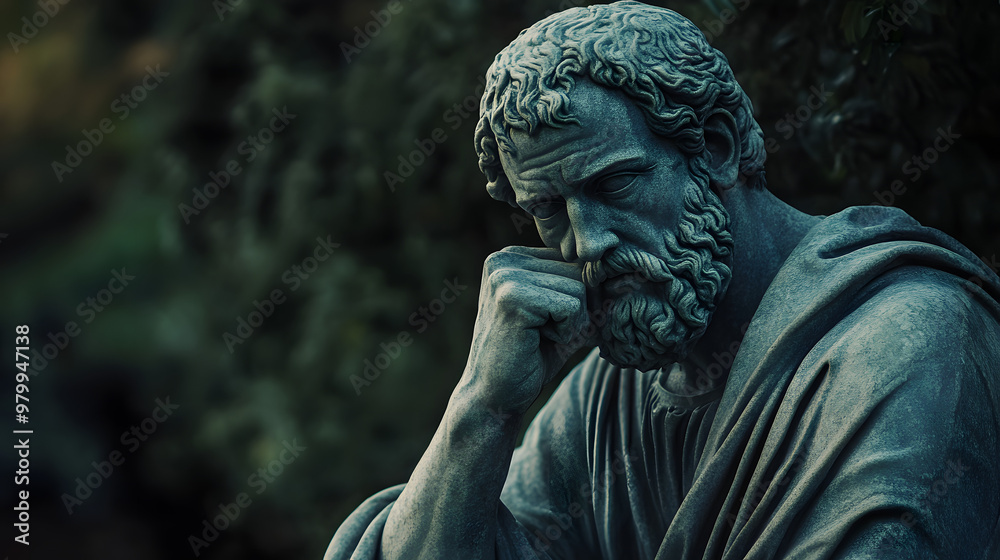 Greek sculpture of an old philosopher stoic man, roman god statue, concept background for stoicism Greek sculpture of an old philosopher stoic man, roman god statue, concept background for stoicism
