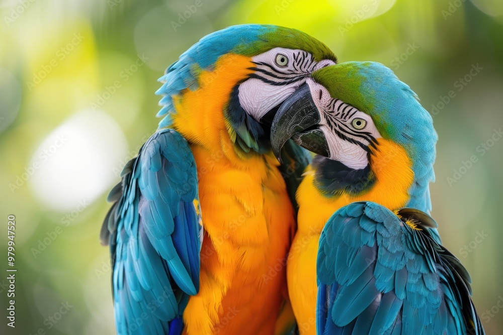 Obraz premium Two colorful long tailed macaw parrots with a nature background