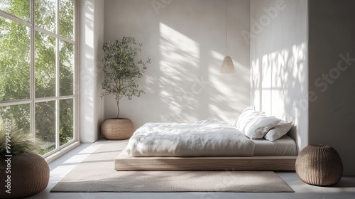 Minimalist Bedroom Interior Design with Large Window, Natural Light, and Greenery photo