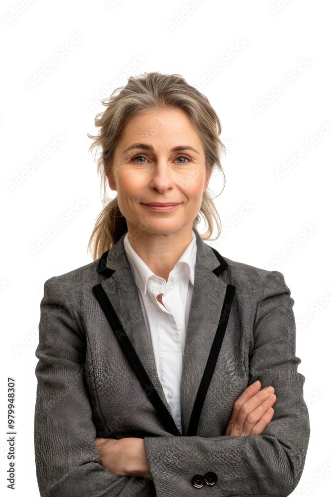 A woman in a professional attire standing with her arms crossed, conveying confidence and assertiveness A woman in a professional attire standing with her arms crossed, conveying confidence and assertiveness