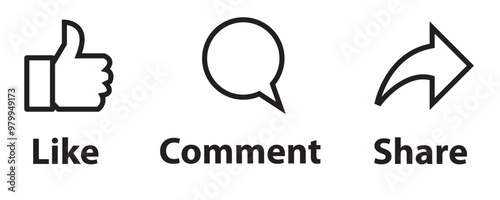 Like, Share, comment and love heart icon buttons. Like button, thumb up, love and heart, comment, repost and share icon button. Vector illustration.