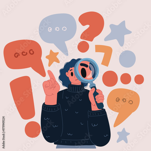 Cartoon vector illustration of a woman looking at you through a magnifying glass, concept of scrutiny and close examination