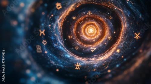 Zodiac signs forming a spiral galaxy, symbolizing cosmic continuity and cycles