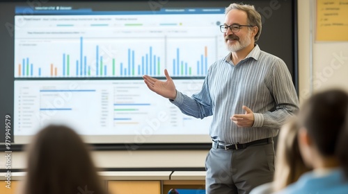Economy lesson. Experienced professor delivering lecture to classroom of attentive students, using data charts and graphs projected on screen to illustrate key points