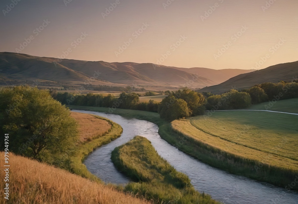 Fototapeta premium A tranquil river flows through a valley with majestic mountains