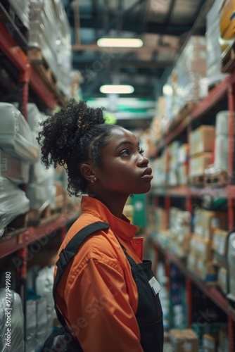 A woman stands in a large industrial space, gazing upwards