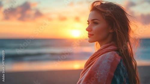 A woman with long red hair, wearing a patterned scarf, stands by the beach, gazing at the sunset over the ocean. photo