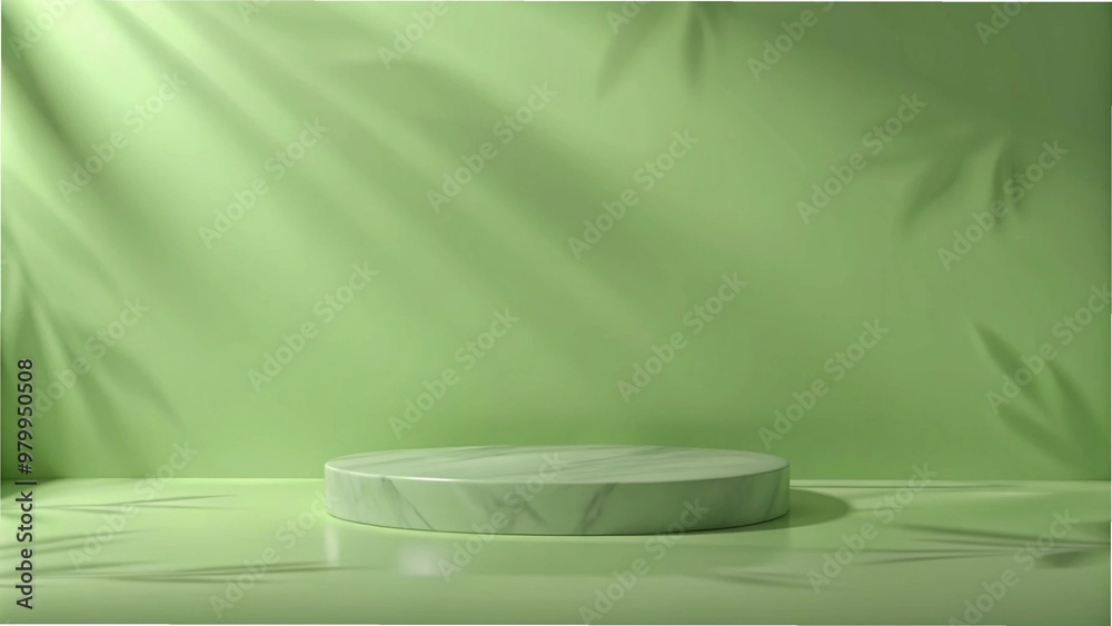 Green pedestal on a table casting a plant shadow, set against a patterned wall and marble floor in a kitchen mockup Green pedestal on a table casting a plant shadow, set against a patterned wall and marble floor in a kitchen mockup