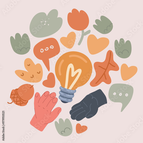 Cartoon vector illustration of one person handing a lit lightbulb to another, concept of sharing an idea hand-to-hand