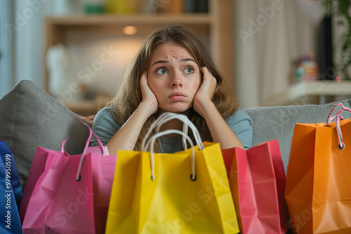 Worried shopaholic woman after multiple purchases in colorful shopping bags at home