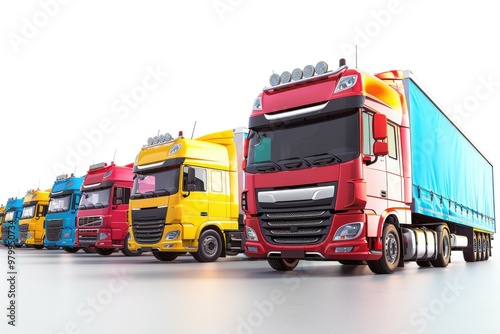 Row of semi trucks parked together, ready for transportation or rest stop photo