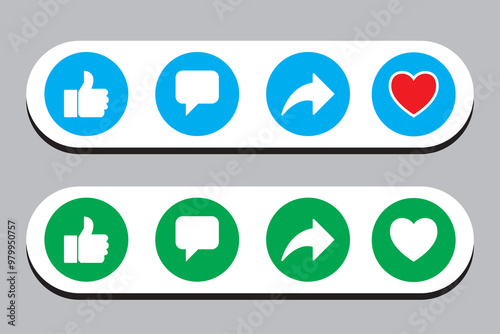 Facebook Like, Comment, Share icons. Thumbs up, dislike button round set