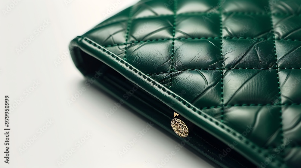 A luxurious quilted leather wallet in emerald green, set against a white background. A luxurious quilted leather wallet in emerald green, set against a white background.