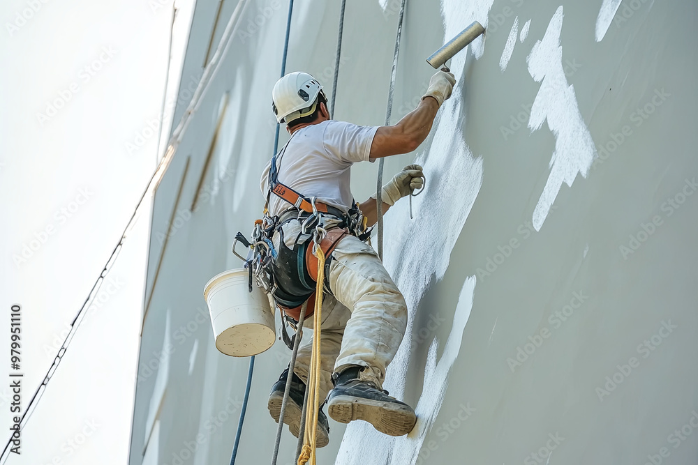 Spray Paint Writing Rugged Ropes Worker hanging on rope and paints building wall with roller. Painter ...