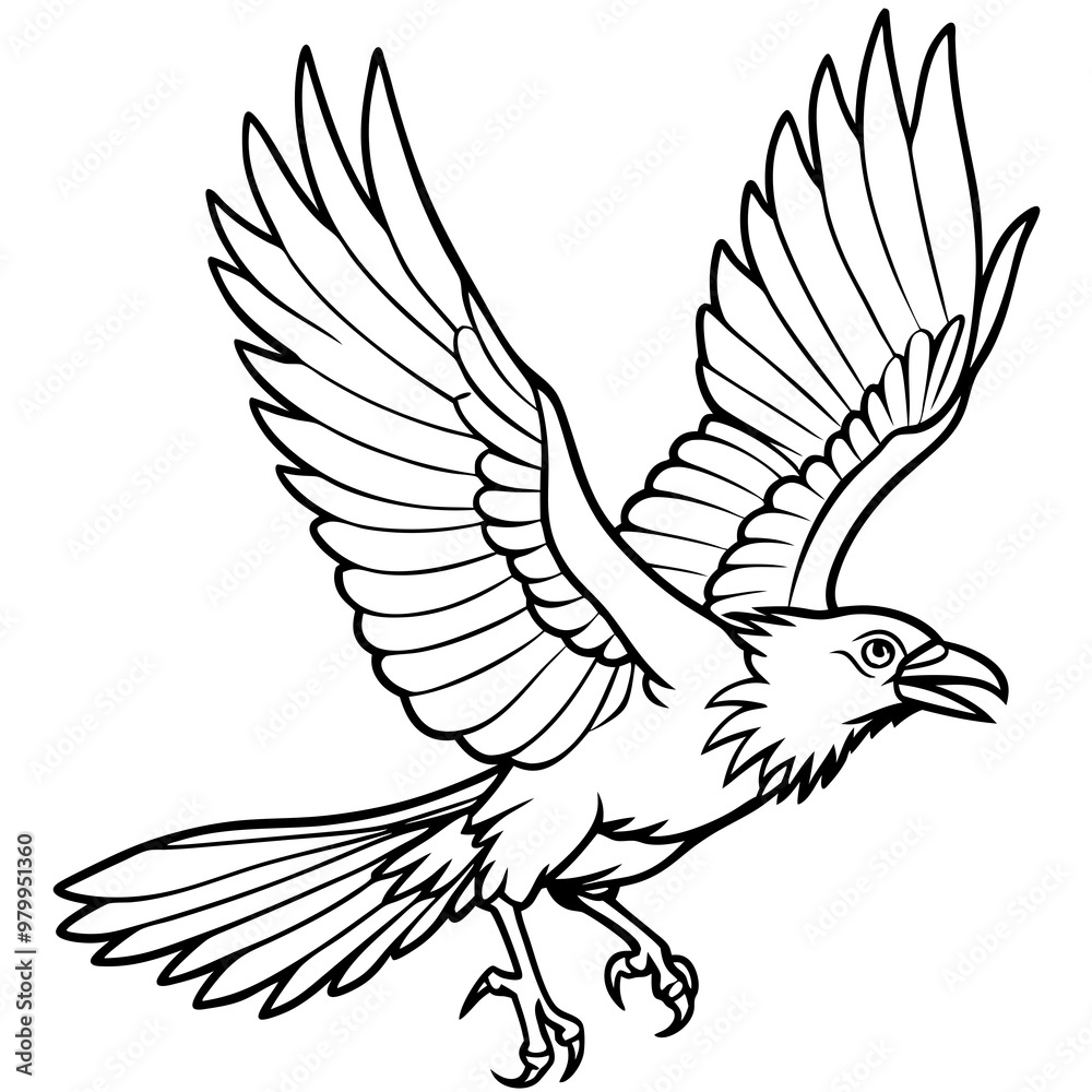 Fototapeta premium Dynamic Raven in Flight Outlined Vector Design