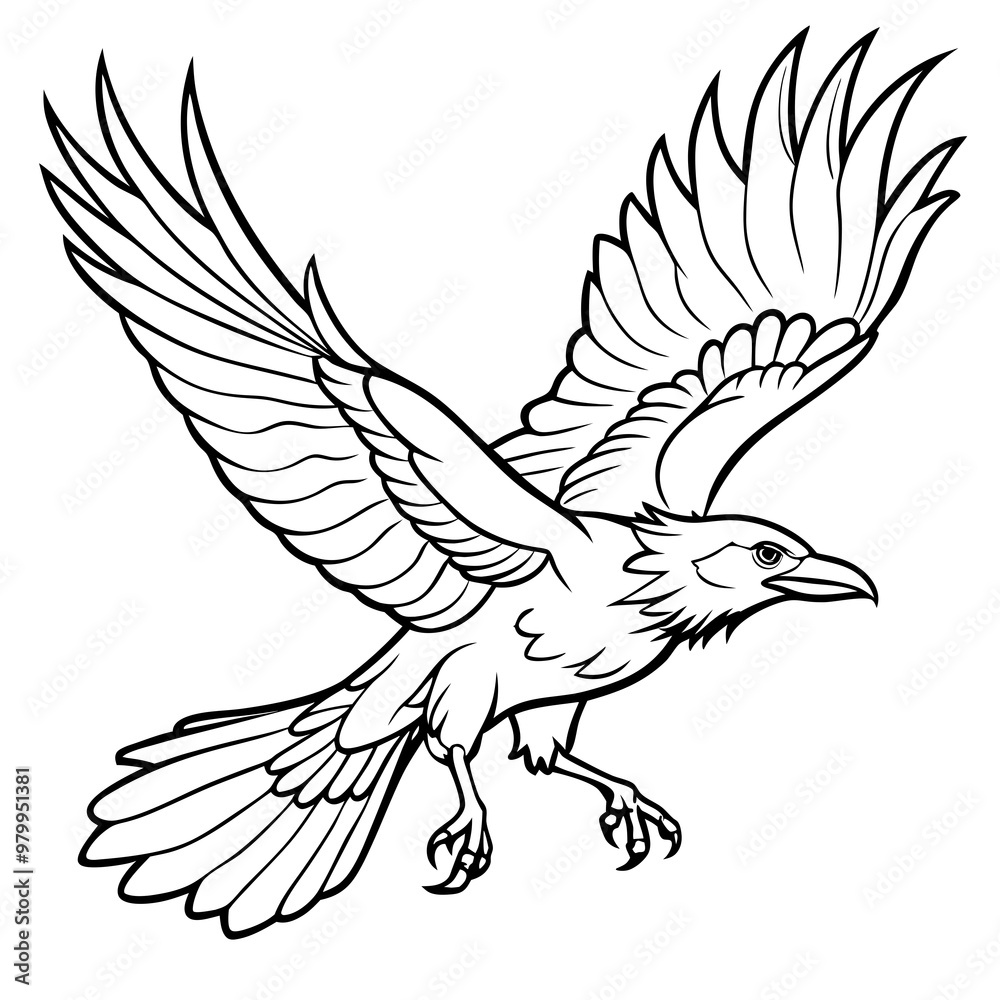 Obraz premium Dynamic Raven in Flight Outlined Vector Design