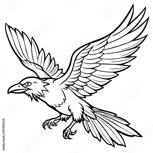 Dynamic Raven in Flight Outlined Vector Design