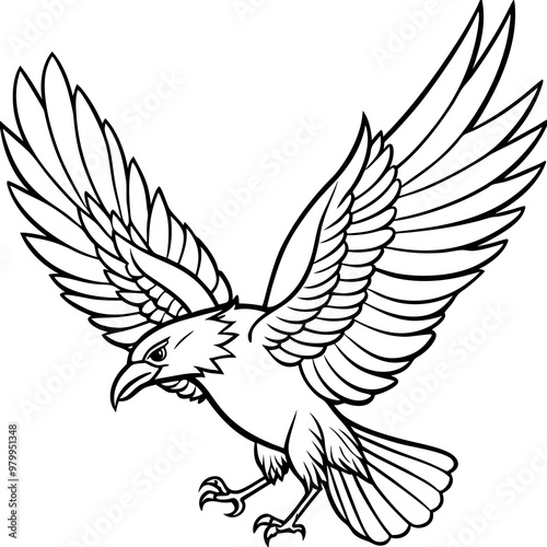 Dynamic Raven in Flight Outlined Vector Design