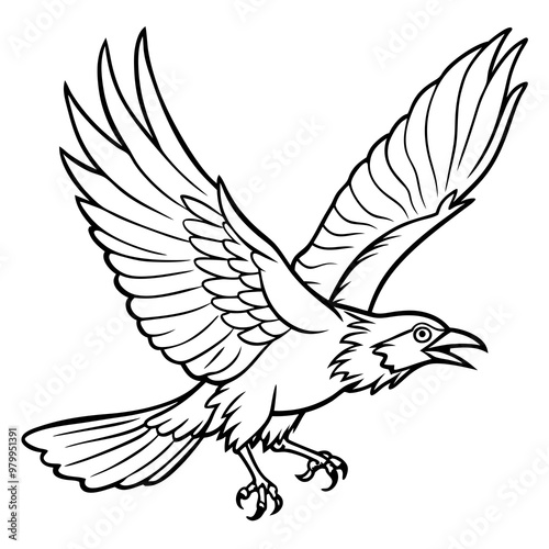 Dynamic Raven in Flight Outlined Vector Design