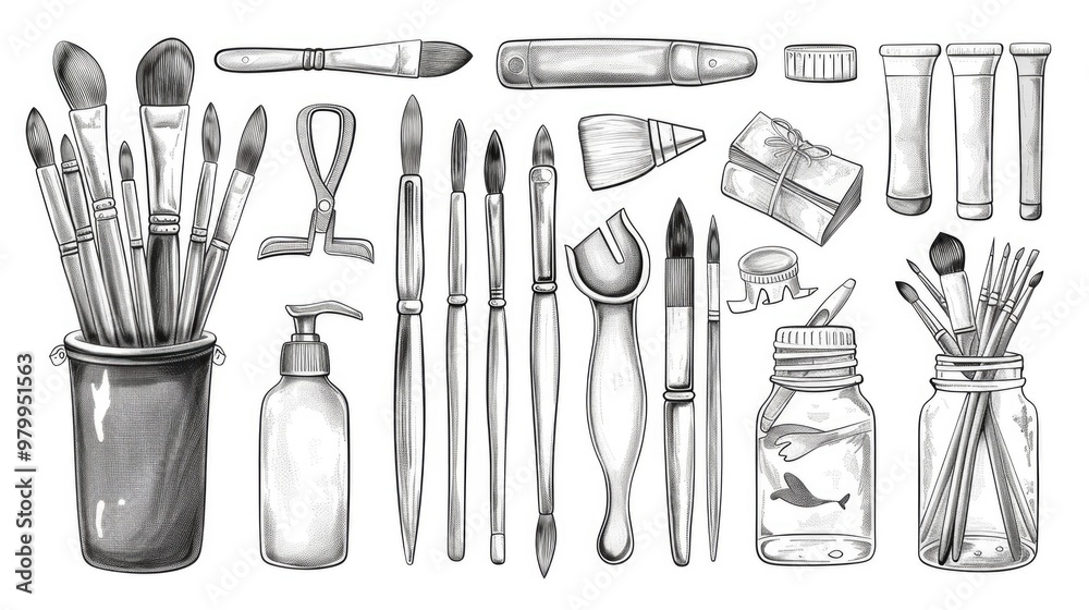 Art supplies, paintbrushes, and storage container Art supplies, paintbrushes, and storage container