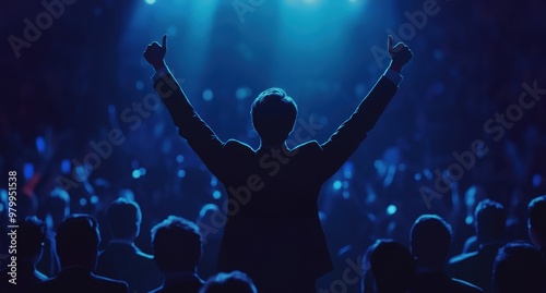 A business leader with their arms raised in victory, standing on stage before an audience of people at night Generative AI