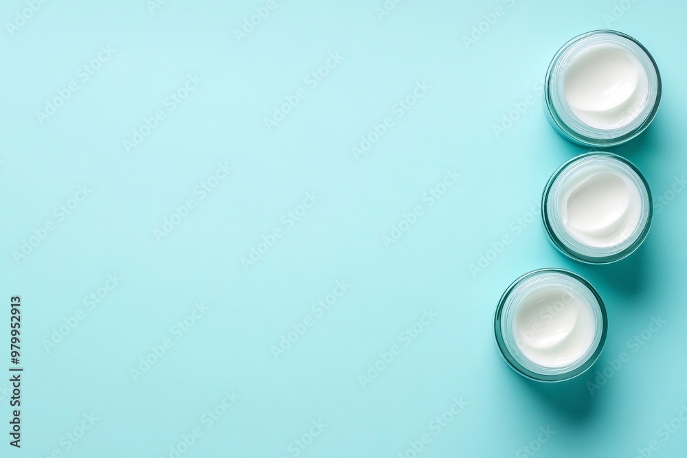 Face cream in jars on light blue background, flat lay. Space for text .generative ai Face cream in jars on light blue background, flat lay. Space for text .generative ai