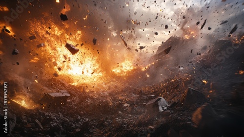 Flames erupt violently from the center of a warzone as debris fills the air, creating chaos and destruction against a backdrop of smoke and dark clouds overhead